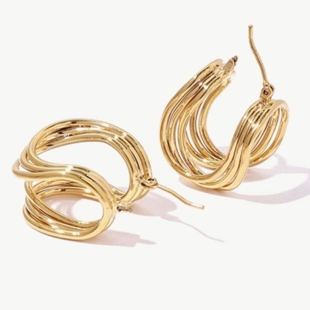 U-Shaped Multi Dimensional Twisted Gold Hoop Earrings Saddleback Closure